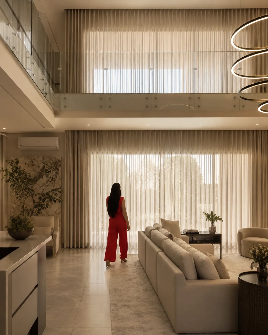 Sala de pé-direito duplo com cortinas de voil do teto ao piso